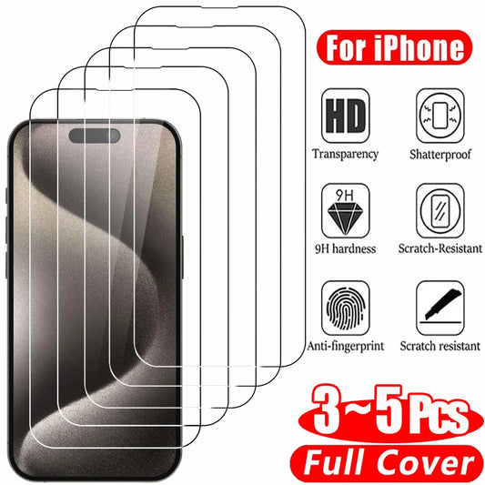 Tempered Glass Screen Protector — Full Cover HD Clear for iPhone 17, 16, 15, 14 Pro Max Mini